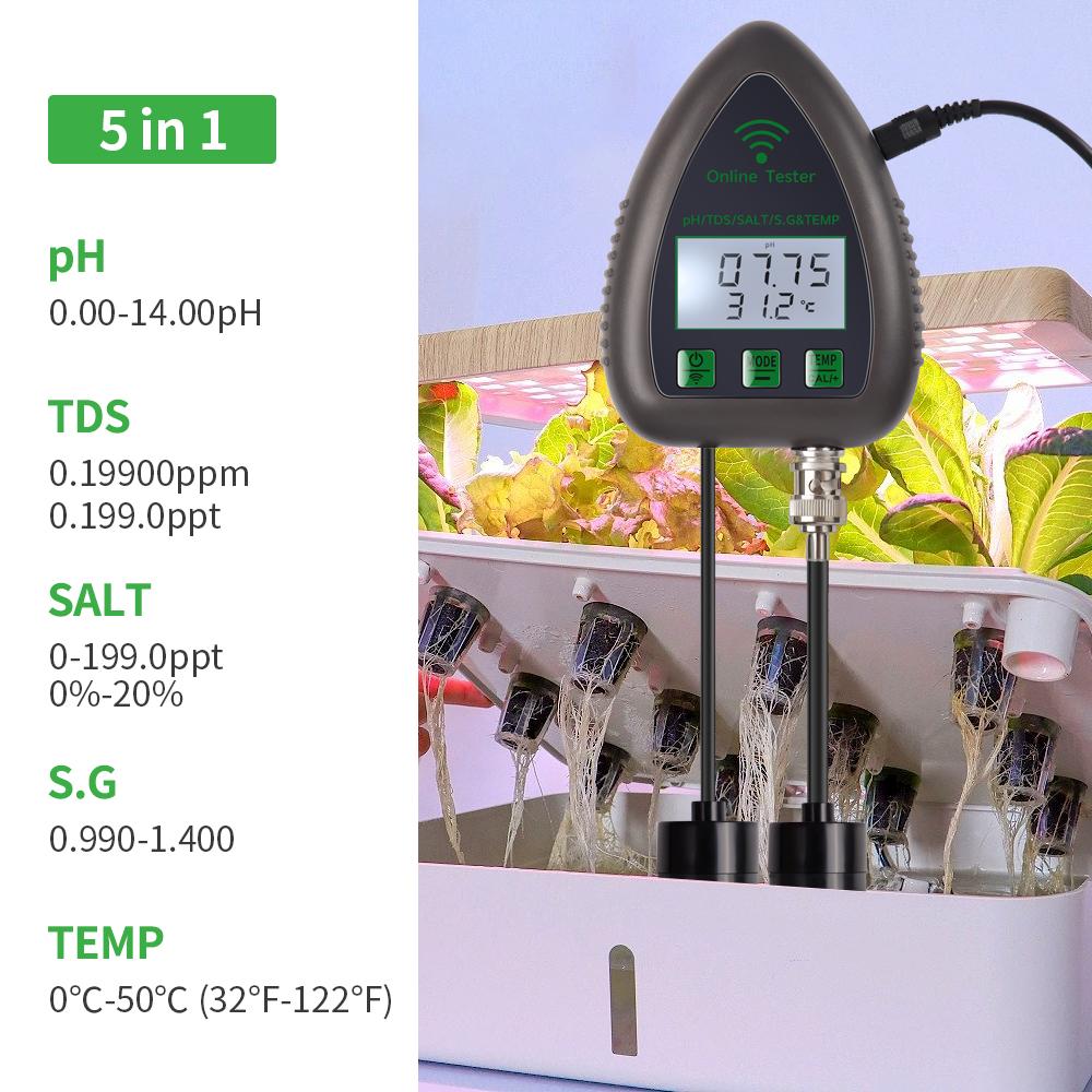 Tuya WiFi 5 In 1 TDS/EC/SALT/S.G./TEMP PH Meter Bluetooth APP Online Water Quality Monitor for Pool Aquarium Aquaculture