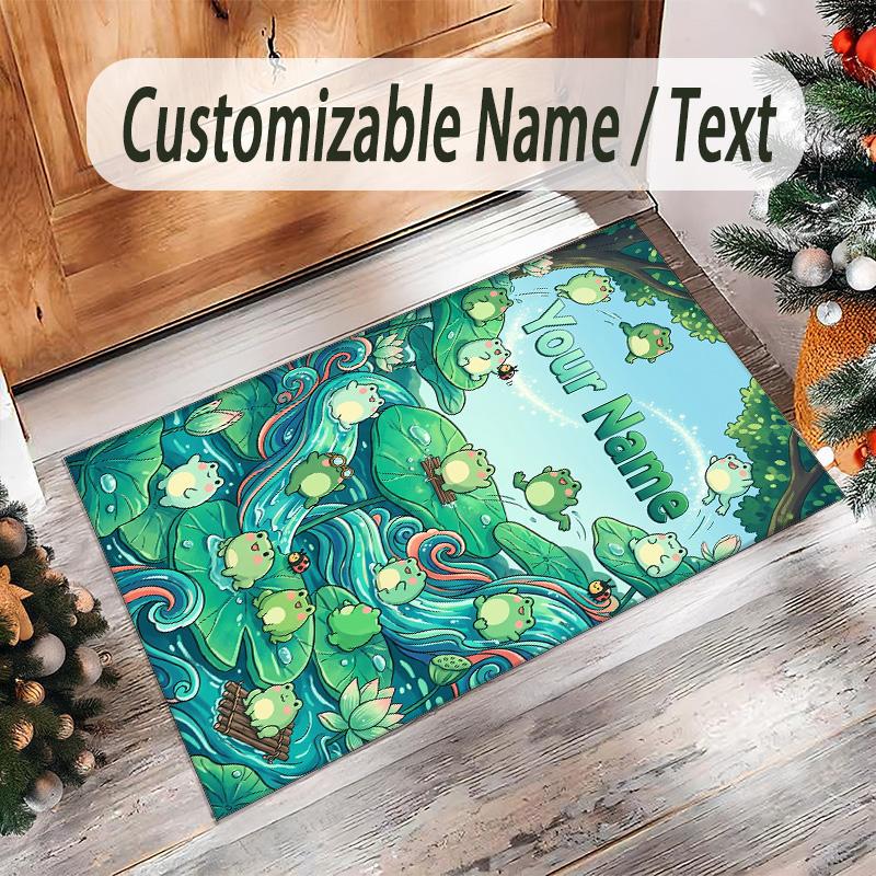 Frog Theme Crystal Velvet Floor Rug Personalized Custom Name Text Warm Carpet Home Decoration