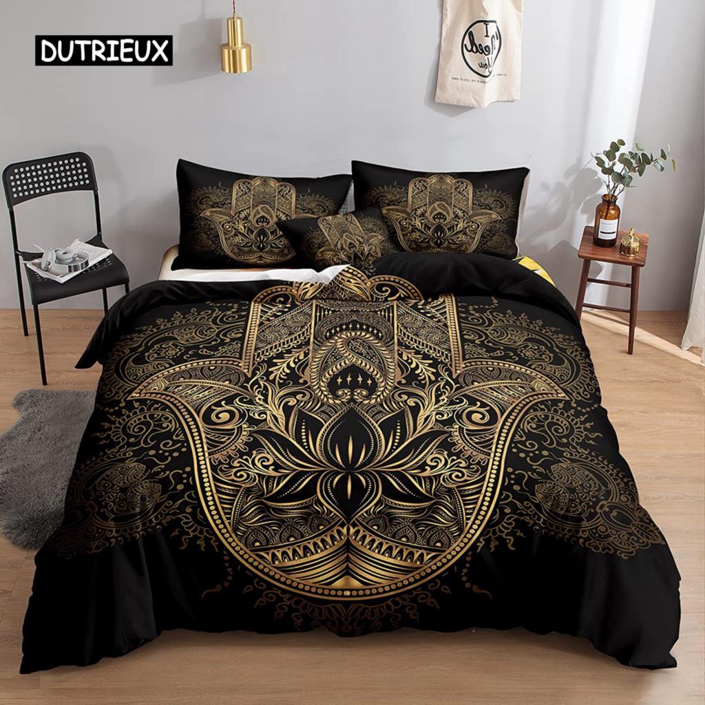 Mandala Buddha Duvet Cover Set,Bohemian Bedding Set Golden Black Lotus Flowers Print Luxury Microfiber Polyester Comforter Cover