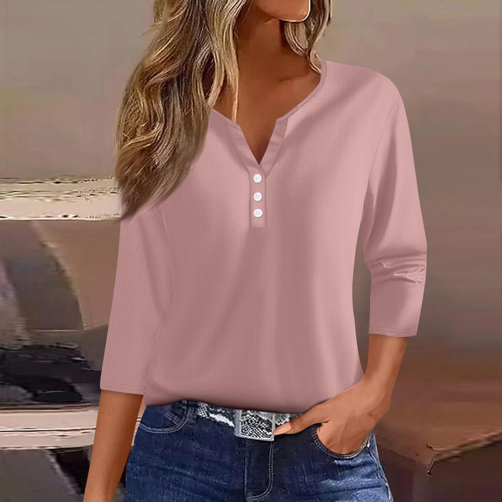 Women's T Shirt Tee Print Button 3/4 Sleeve Tunic Daily Weekend Fashion Basic V- Neck Regular Top