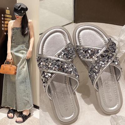 2024 Новые женские летние тапочки, сказочные тапочки с блестками, плоские тапочки, модные красивые очаровательные удобные сандалии с крестиком