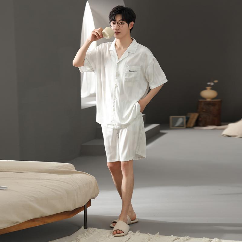 Paibangnu summer couple's new ice silk cool cardigan and pajama set fd