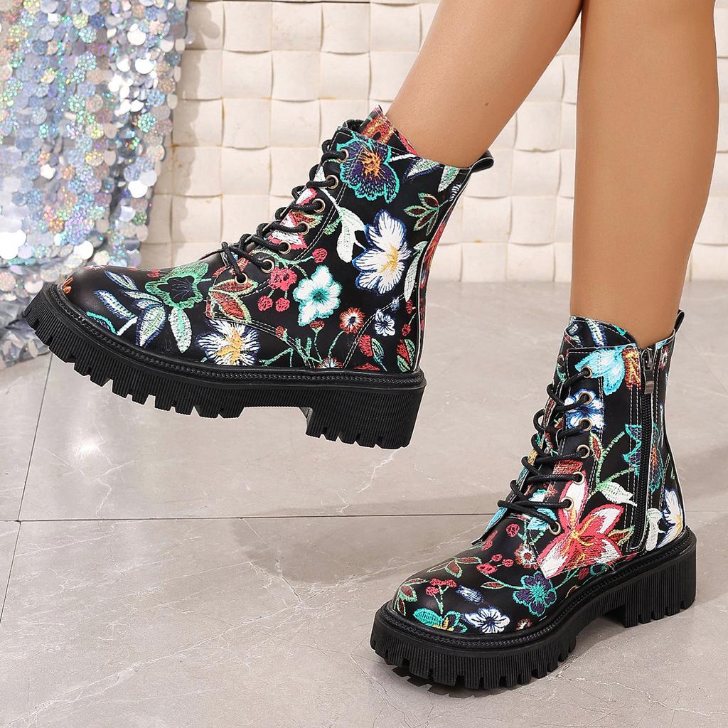 Large Size Boots Autumn European and American Printing Casual Round Head Lace-up Low-heeled High-top Boots