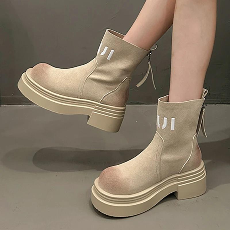 Ботильоны на платформе женские замшевые туфли челси на среднем каблуке женские осень 2024 тренд повседневный готический брендовый дизайн массивные зимние ботинки женские