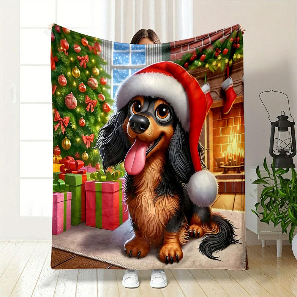 Dachshund in Santa Hat by Fireplace print blanket soft and cozy perfect for the living room bed sofa or a nap,gift