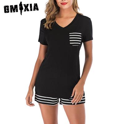 Весенне-летняя пижама в полоску с V-образным вырезом, с короткими рукавами и шортами, костюм-двойка, домашняя одежда