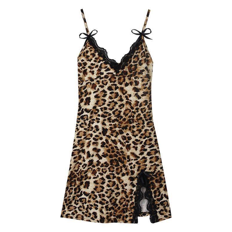 Sexy Lace Leopard Print V-neck Thin Ice Silk Slim Suspender Nightdress Temperament Lace Dress