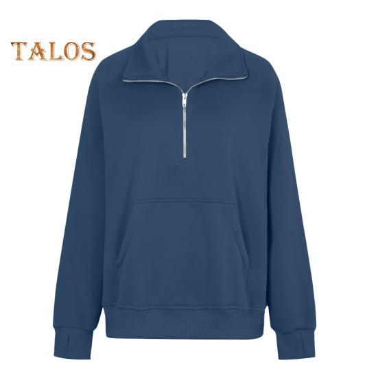 Женская толстовка осень-зима с застежкой-молнией на лацкане, с длинным рукавом и передним карманом, пуловер, однотонный свободный спортивный свитшот