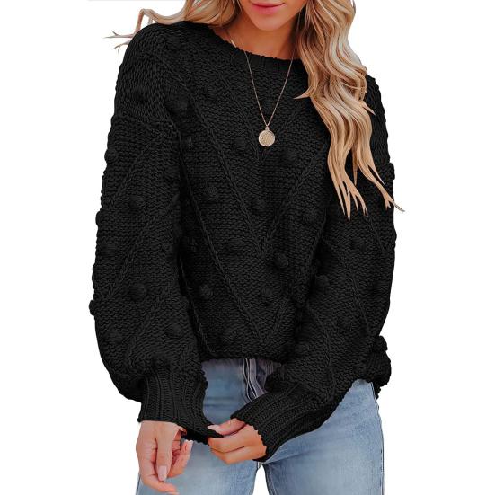 Women Sweater Tops Round Neck Long Sleeve Jacquard Decor Knitted Tops Solid Color Loose Fit Jumper