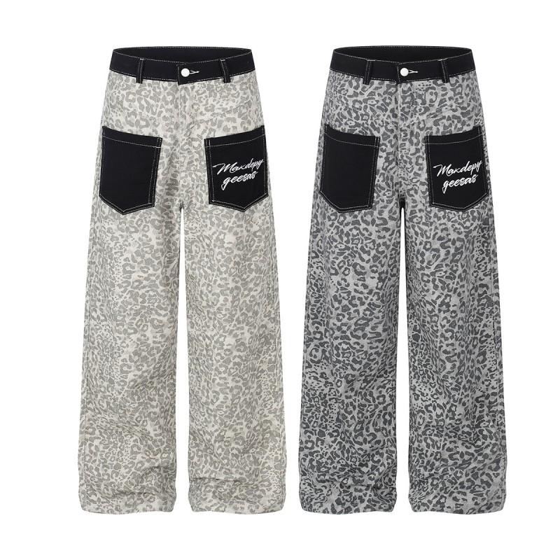 Mens Retro Loose Fit Leopard Print Denim Jeans Straight Leg Wide Cut Casual Pants Teens Adults