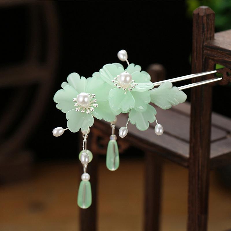 Retro Traditional Flowers Simulated Pearls Long Tassel Hairpins Hair Sti