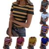 Women's Casual Fashion Round Neck Striped Print Short Sleeve Ribbed Top