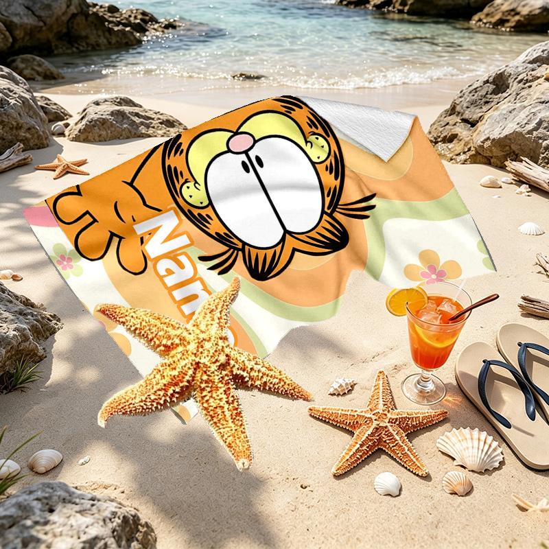 Custom Name Personalized Garfield Print Beach Towel, for Trip Camping Beach Party Home Decor, Birthday Gift for Family & Friends