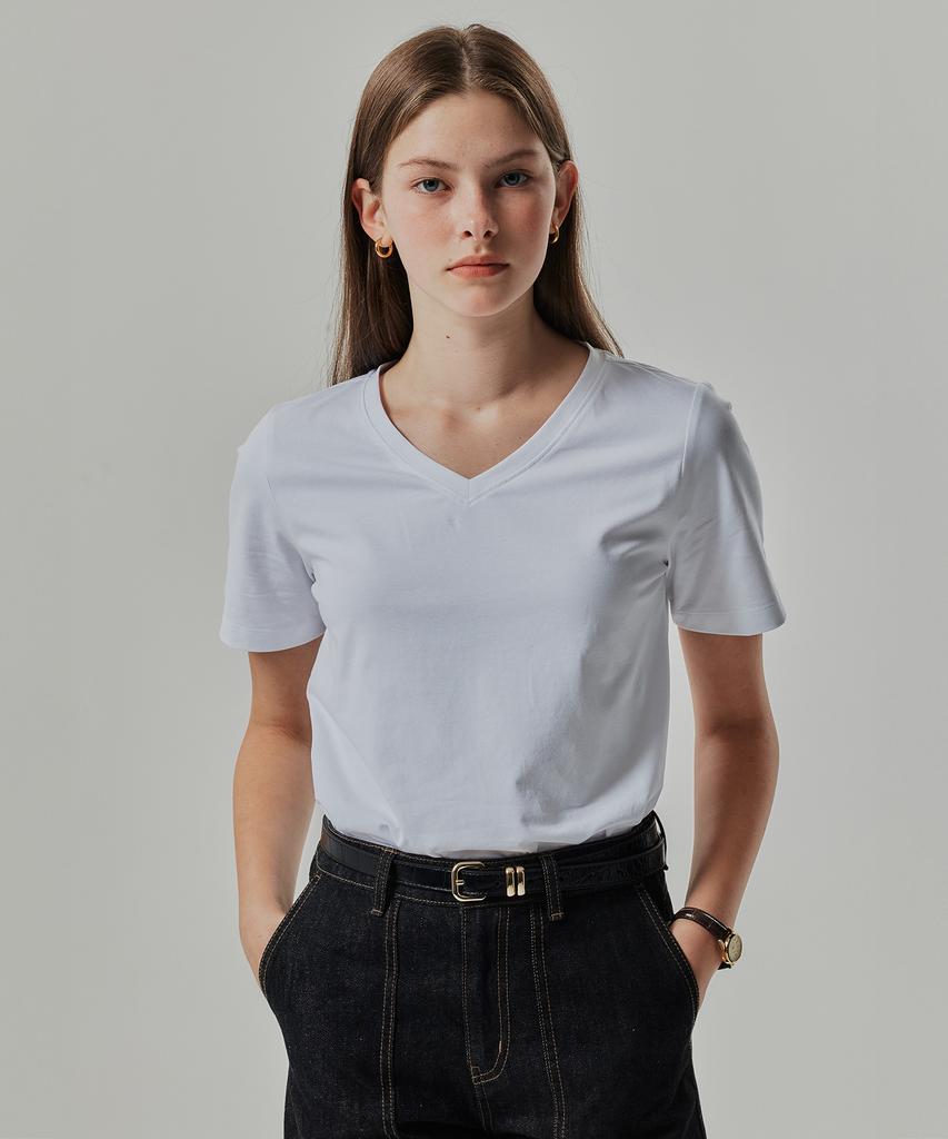 Basic House Women'S V-Neck Stretch Slim Fit Short Sleeve T-Shirt White Lats0204 (A Type)