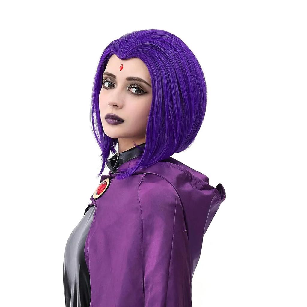 Women Raven Superhero Purple Short Bob Straight Wig with Widow's Peak Synthetic Hair Cosplay Wig for Halloween Costume Party