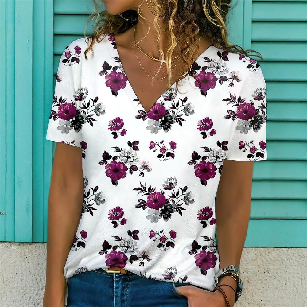 Летний топ с V-образным вырезом, 3D-принтом с красивым цветочным узором, модная повседневная женская футболка с коротким рукавом