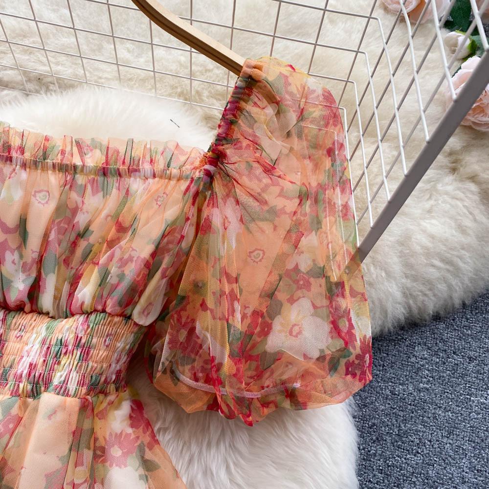 Splice Mesh Floral Print Dress Women Summer Slim Elastic Waist Square Neck Gentle Ladies Sweet Dresses