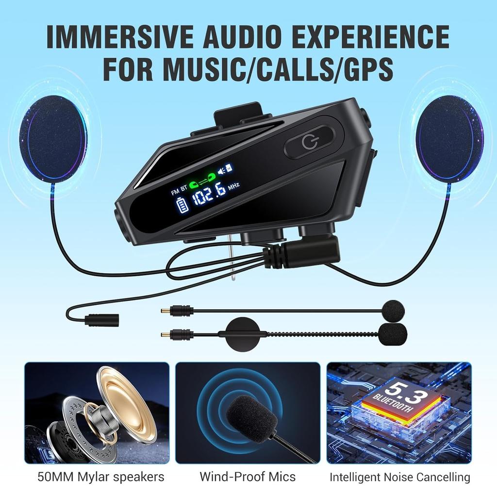 C6 Мотоциклетная Bluetooth-гарнитура 5.3 с экраном и фонариком, 500M Intercom, FM-радио, совместима со всеми шлемами