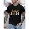 Hello 2024 Print Men Women T-shirt Happy New Year Eve Party Unisex Tops Casual Short Sleeve Black T Shirt New Year Holiday Tees