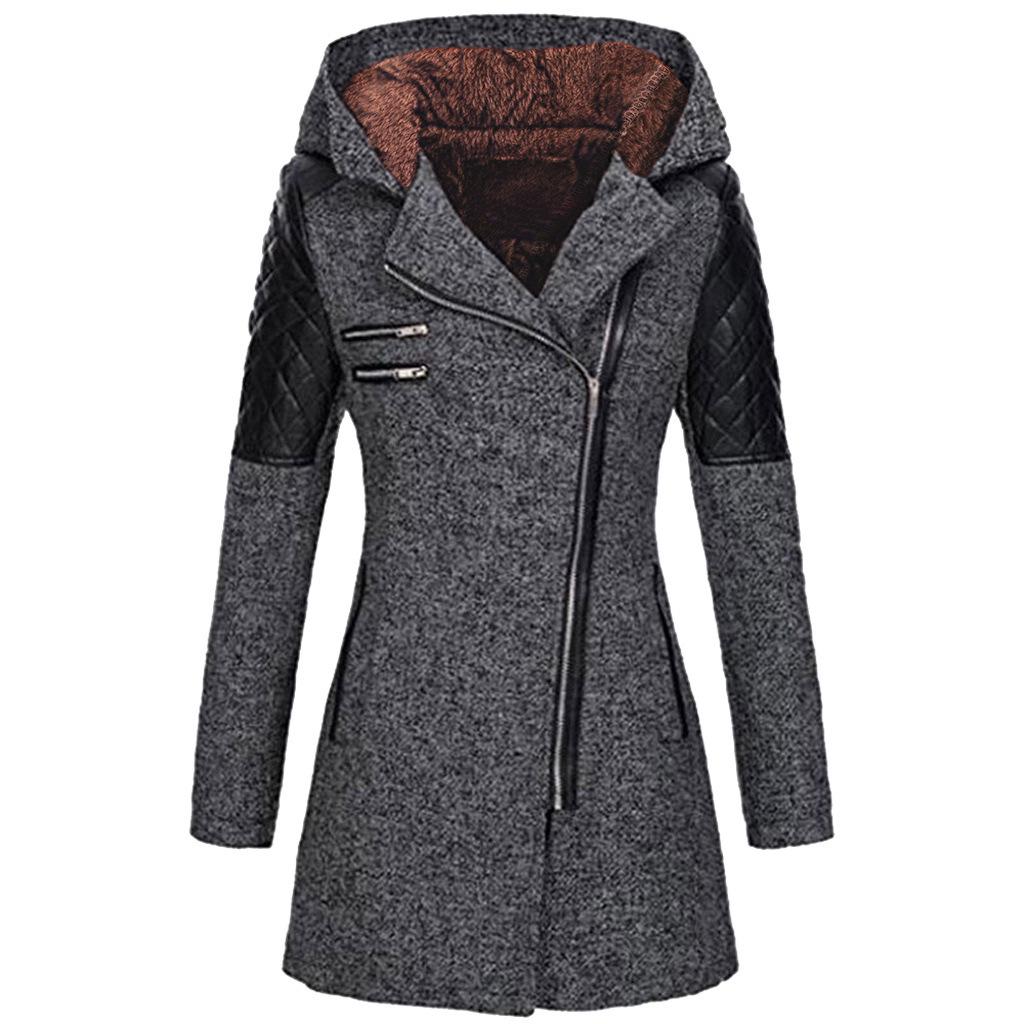 Women's Mid-Length Woolen Hooded Windbreaker with Oblique Zipper - Warm Winter Coat