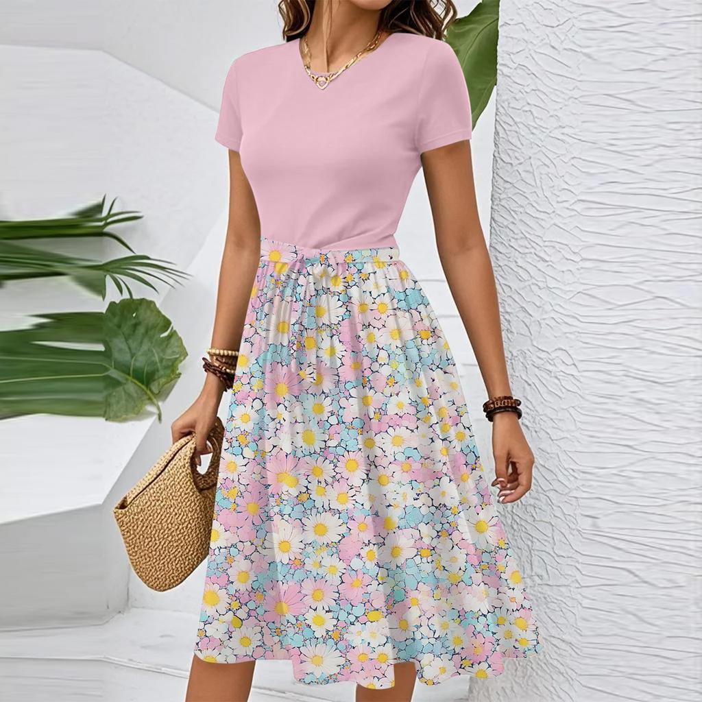 Women's Casual Fashion Belted Floral Print Short Sleeve Round Neck Elegant Dress