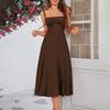 Women Sleeveless Dress Spaghetti Strap Square Neck Midi Dress Lace-Up Swing Long Dress Flowy A-Line Slit Sundress