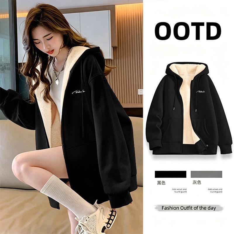 Women's Lambswool Sweatshirt Jacket, Spring/Fall Loose-Fit Long-Sleeve Top, Casual Hooded Cardigan