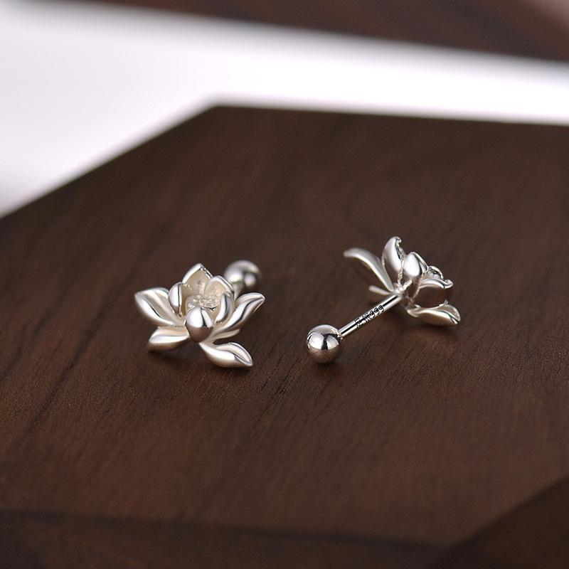 YILUOCD 925 Sterling Silver Lotu Flower Stud Earrings Vintage Tassel  Flower Earrings for Women Cute Sweet Irregular Jewelry