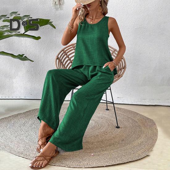 Женский комплект из двух предметов для отдыха, летний топ без рукавов с вырезом сзади и широкие брюки, повседневная одежда для отпуска и путешествий
