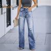 Women Jeans with Pockets High Waist Ripped Solid Color Full Length Pants Straight Wide Leg Trousers for Daily Commuting