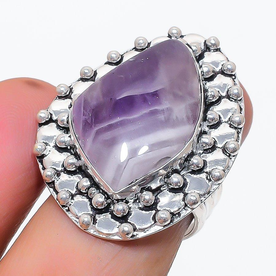 Натуральный Аметист Шеврон Драгоценный Камень Серебро 925 пробы Ювелирное Кольцо Размер 7 y3J17