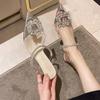 Fashion Outer Wear Thin Heel Slippers Women's Summer 2025 New Rhinestone Square Buckle High Heel Transparent Bag Head Half Tray Sandals