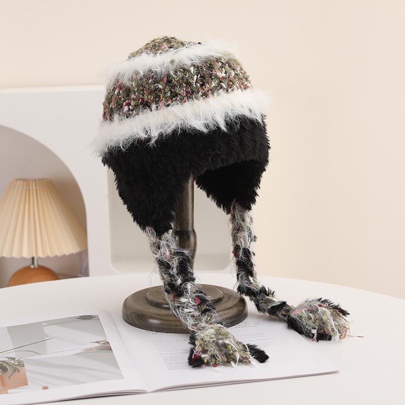 Полосатая вязаная шерстяная шапка с вставками для женщин на осень и зиму, утолщенная для тепла и защиты от холода, с защитой ушей, очки для шапки-ушанки