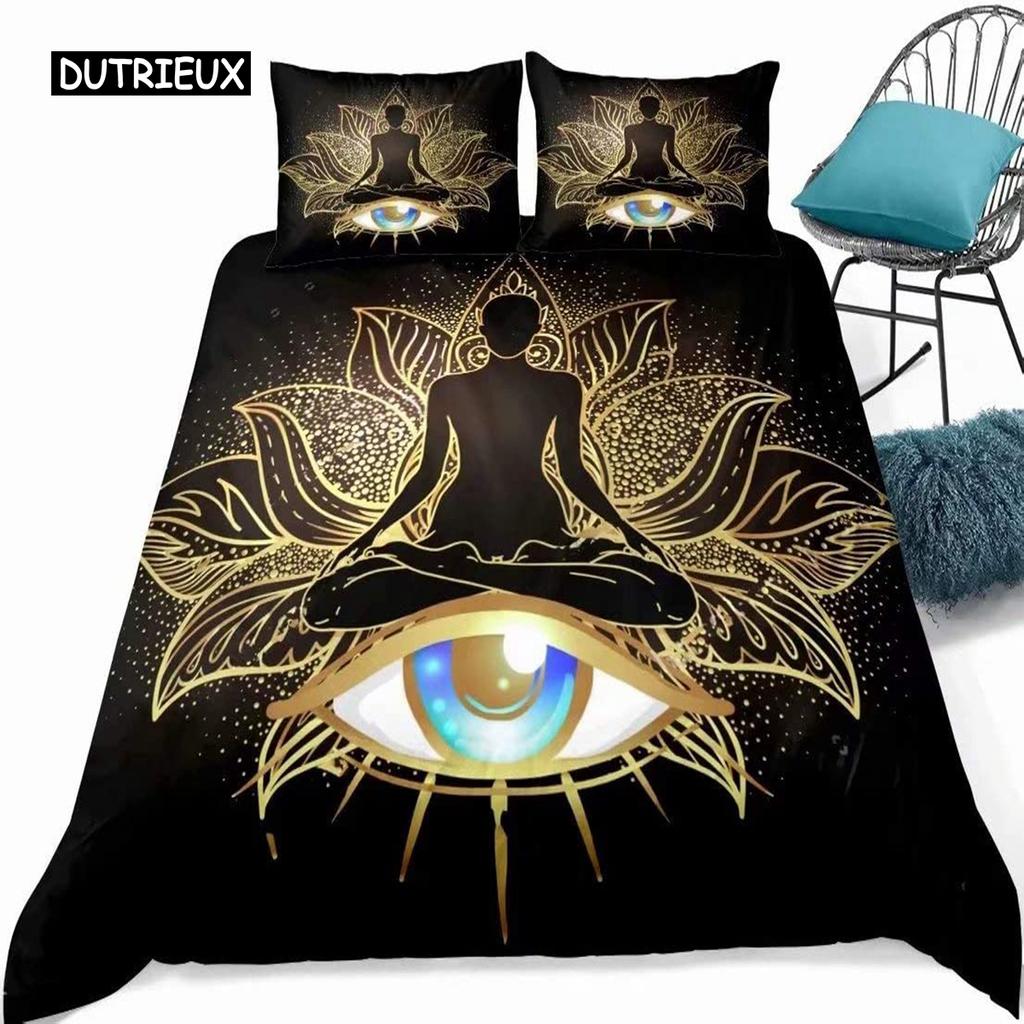 Mandala Buddha Duvet Cover Set,Bohemian Bedding Set Golden Black Lotus Flowers Print Luxury Microfiber Polyester Comforter Cover