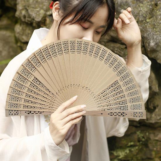 Wooden Folding Fan Chinese Style Hollow Ribs Portable Summer Hand Held Fan Decoration