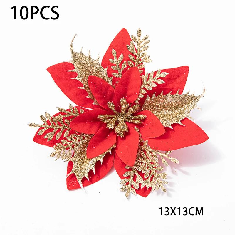 10 шт. Рождественский цветок, блестящий золотой порошок, блестки, украшение на рождественскую елку, праздничная вечеринка, домашний цветочный рождественский венок, домашний декор