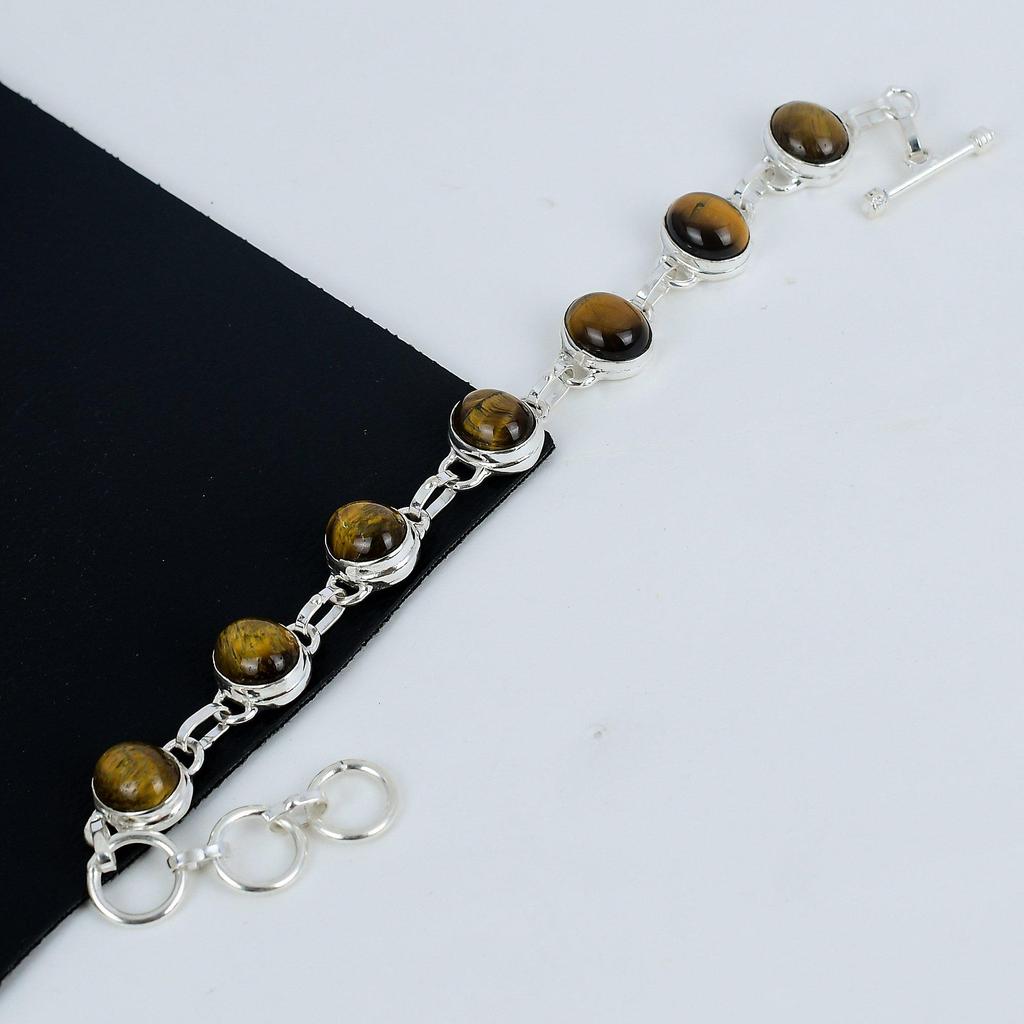 Natural Tiger Eye Gemstone Handmade 925 Sterling Silver Bracelet, Tiger Eye Bracelet For Wife , Unisex Bracelet Wadding GIft For Love