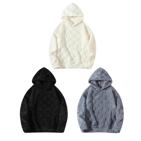 Осень Зима Мужское Худи Однотонное Клетчатое Свободное Повседневное С Капюшоном Толстовка Дышащая Плотная Теплая Плюшевая С Длинными Рукавами Пуловер Топ