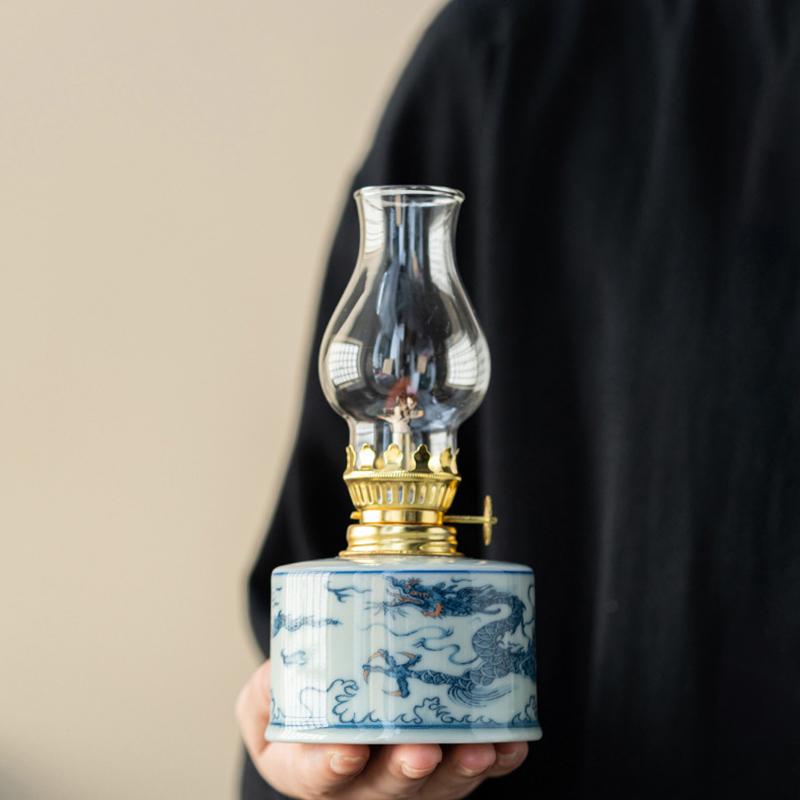 Китайский стиль Масляная лампа Винтажные поделки Чайный домик Керосиновая лампа Кабинет Спальня Керамические лампы Гхи Нарисованные вручную узоры Украшения