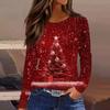 Женская модная повседневная футболка с разрезом по низу, круглым вырезом, длинными рукавами, свободного кроя, с рождественским принтом, женский топ