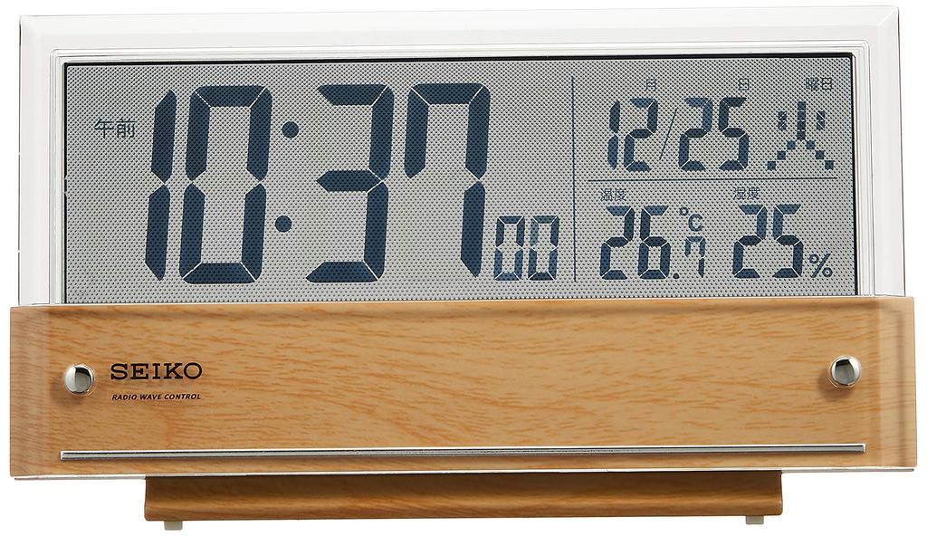 Seiko Clock Table Clock Alarm Clock Radio Digital Calendar Temperature and Humidity Display LCD Light Brown Wood Grain Pattern Body X 19 X Cm SQ782B