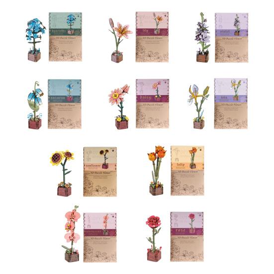 3D Wooden Flower Puzzle Kit for Adults DIY Botanical Bouquet Building Set Wood Sunflower/Rose Floral Craft Kit for Stress Relief Mother's Day