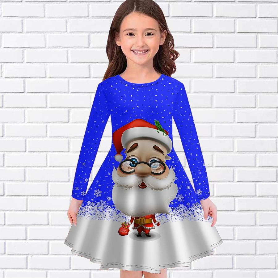 Повседневное платье для девочек с принтом Санта-Клауса и круглым вырезом, с длинными рукавами, детское платье принцессы