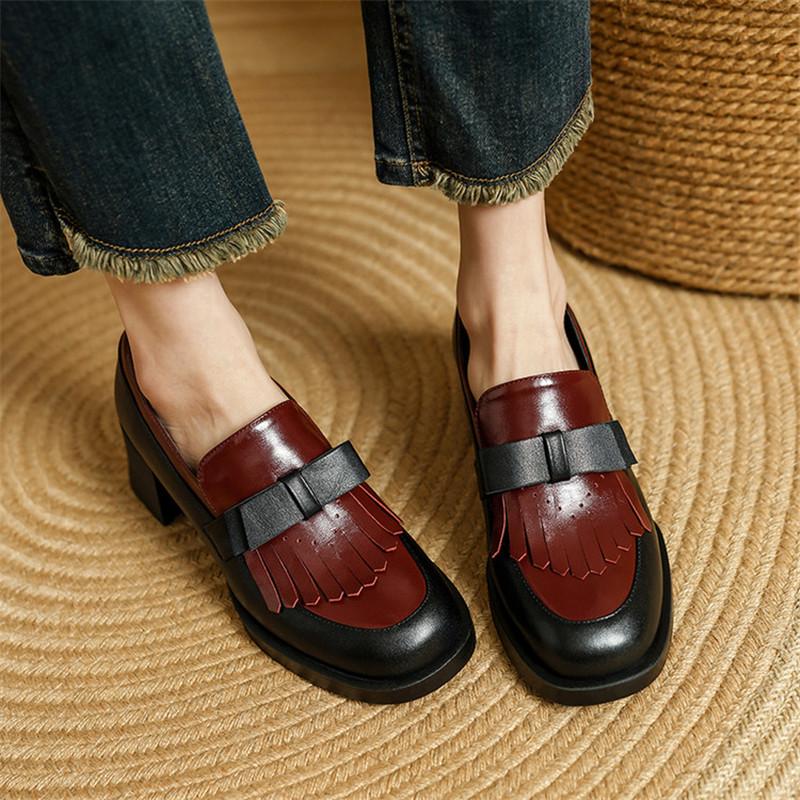 Fashion New Spring/summer Genuine Leather Women Pumps Shoes for Women Fashion Mixed Color Bow Round Toe Chunky Heels High Heels Loafers