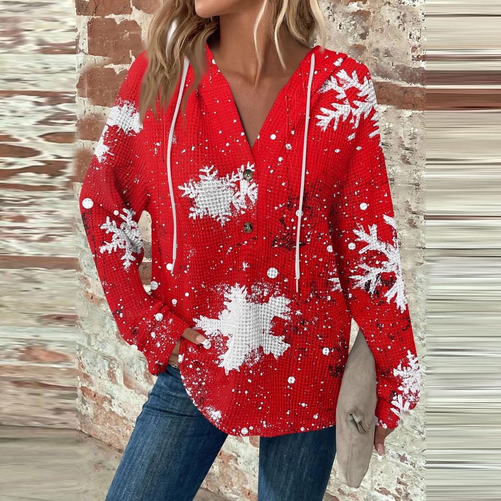 Женская мода с длинным рукавом, завязками на шнурке, капюшоном, пуговицами, V-образным вырезом, повседневная толстовка с капюшоном и рождественским принтом