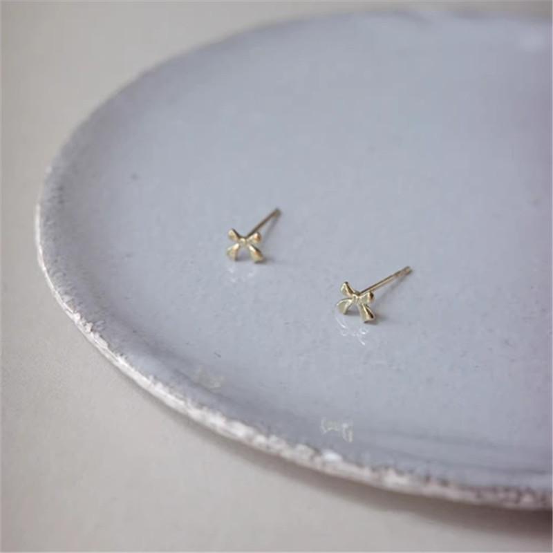 925 Silver Plated 14K Gold Mini Bow Earrings for Women Smooth Cute Small Jewelry Accessories