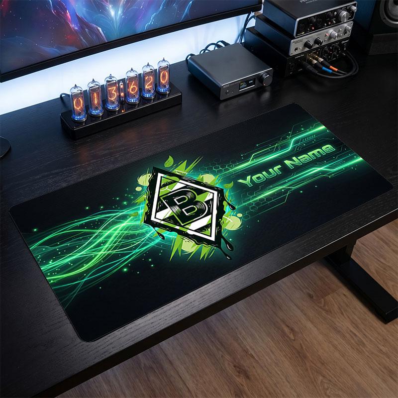Borussia Mönchengladbach Custom Large Mouse Pad, Personalized Name Text Print, Football Logo Non‑Slip Desk Mat Gaming Gift