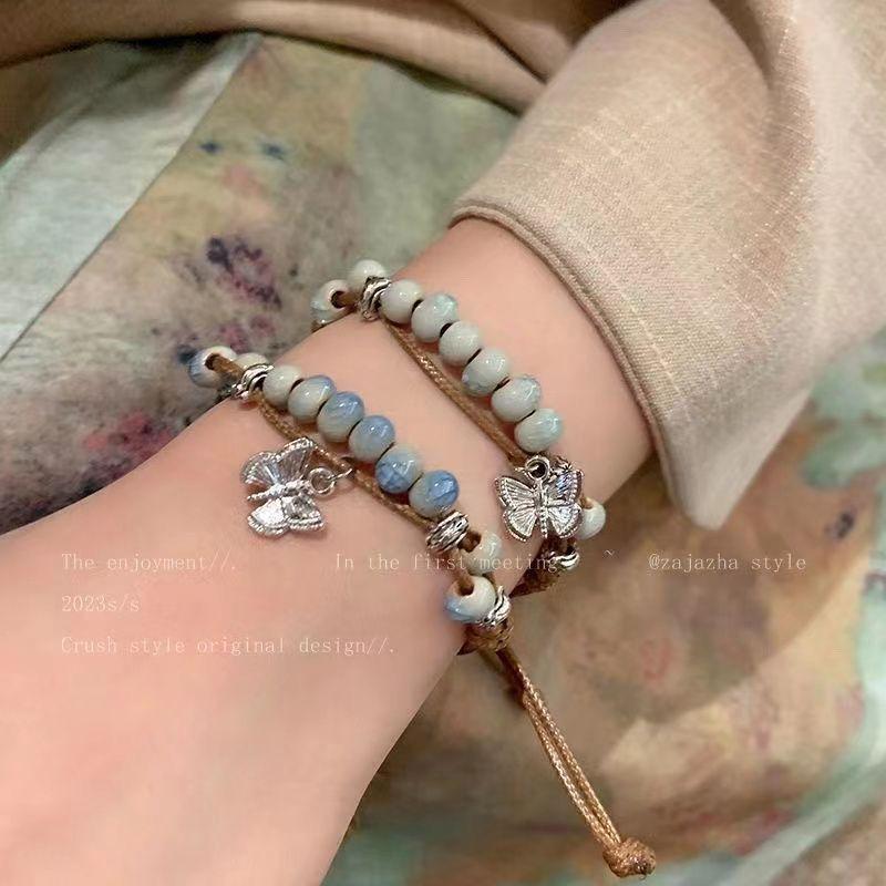 Chinese Butterfly Jingdezhen Ceramic Beaded Bracelet - Women's Retro Ethnic Style Hand Jewelry, Summer 2024