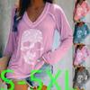 Plus Size Fashion Women Summer Casual Tops Short Sleeved T-shirts Deep V-neck Skull Printed Blouse Ladies Loose Shirts