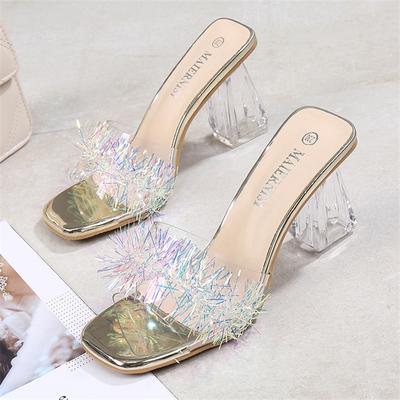 Роскошные женские шлепанцы на высоком каблуке 8,5 см, шлепанцы с прозрачными кристаллами на низком каблуке, женские летние туфли на платформе, серебристого и золотого цвета с бахромой